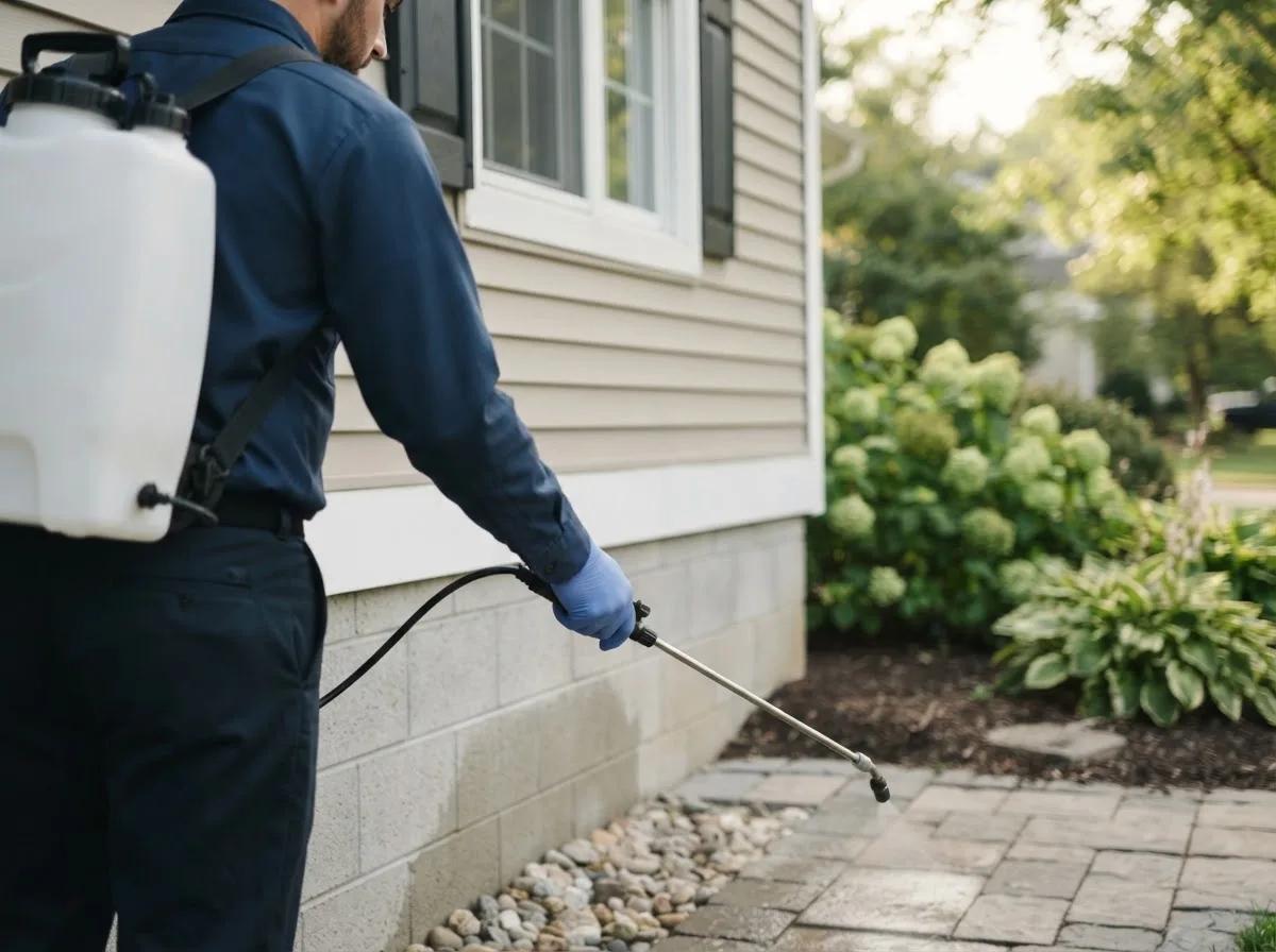 Pest control technician inspecting a home in Nichols, WI